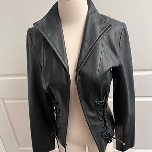 Cache Vintage Y2K Black Leather Jacket with Front Zip and Leather Lacing, Size 4